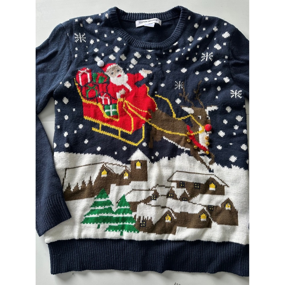 Cotton Emporium Light Up Christmas Sweater Navy Blue Santa Sleigh Reindeer XL